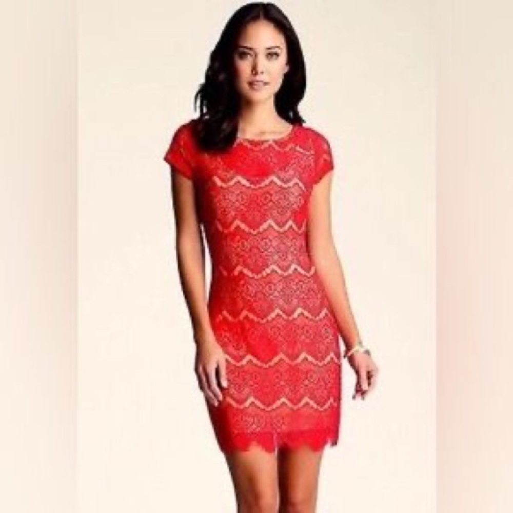 BEBE red/hot pink lace cocktail dress with nude lining